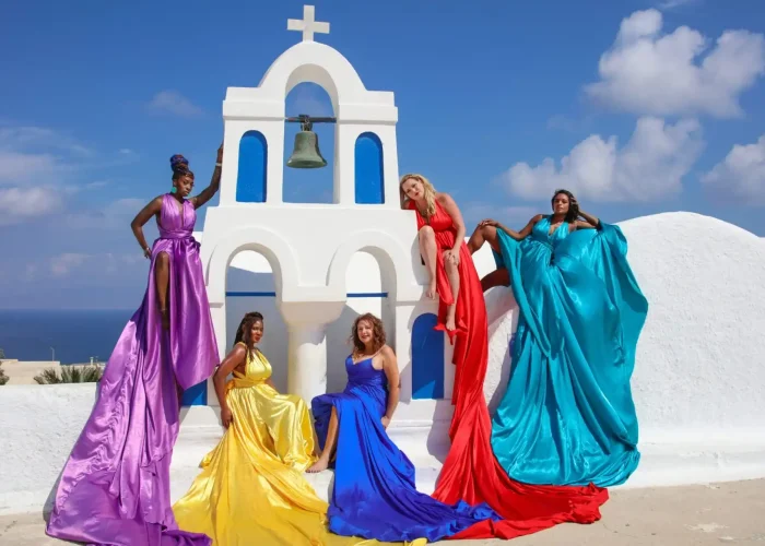 santorini flying dress photoshoot